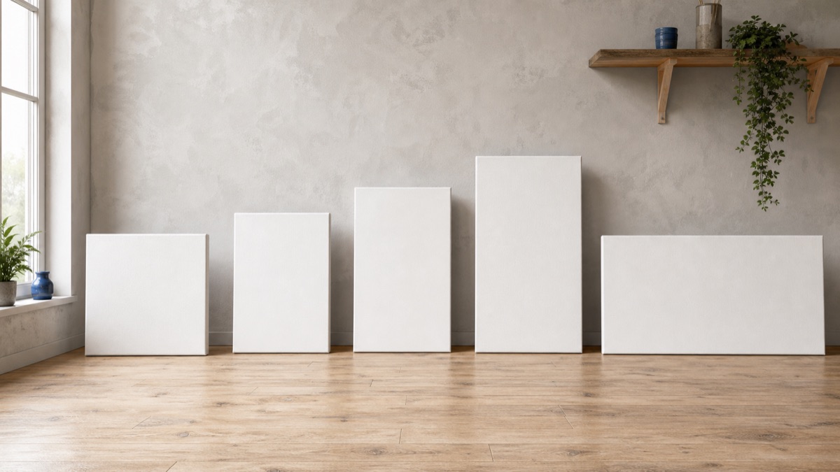 Five blank canvases showing square, portrait, and panoramic proportions