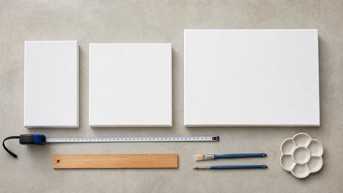 Three blank artist canvases beside metric measuring tools