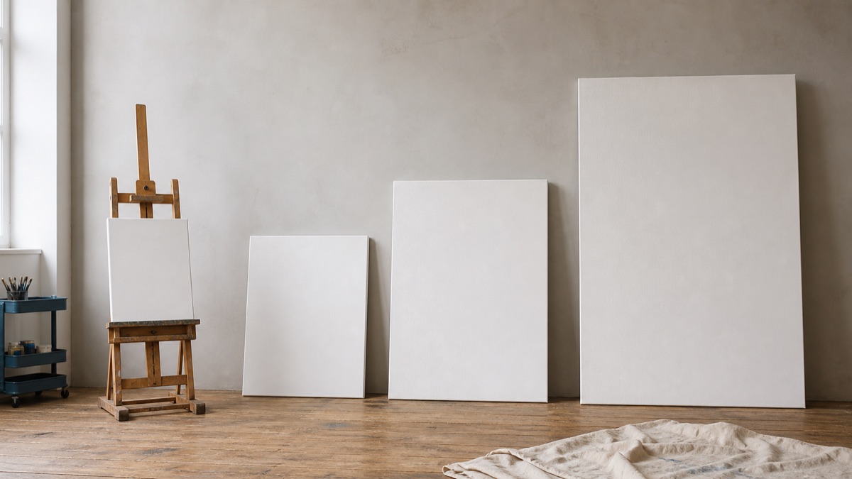 Four blank artist canvases in increasing large sizes inside a studio