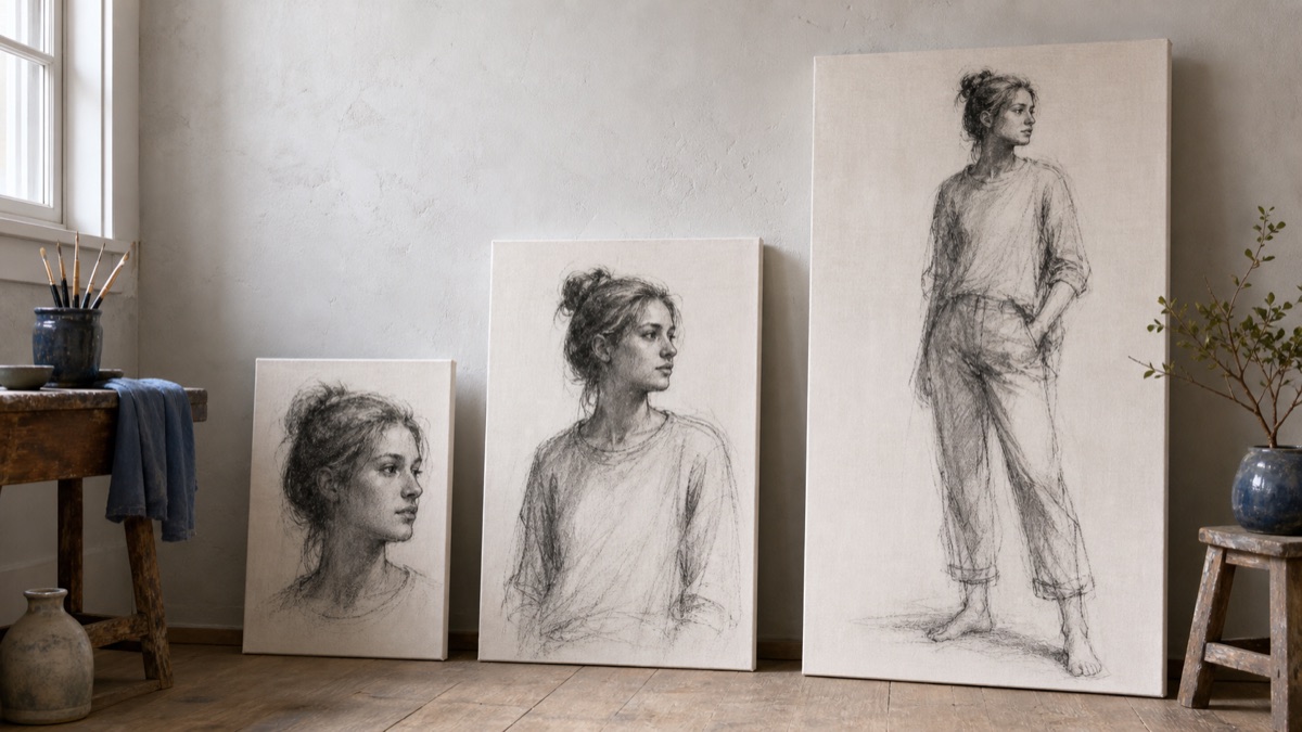 Three portrait canvases showing head, half-length, and full-figure charcoal studies