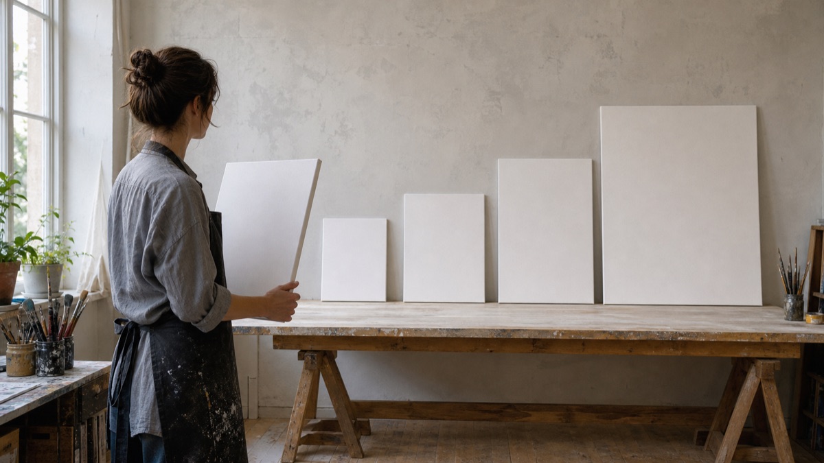 Artist comparing five blank canvases from small study to large statement size
